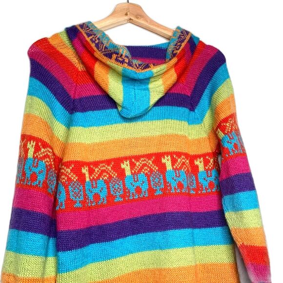 Cardigan Sweater Womens Multicolor Llama Rainbow Long Sleeve Hooded Boho S - Picture 6 of 11